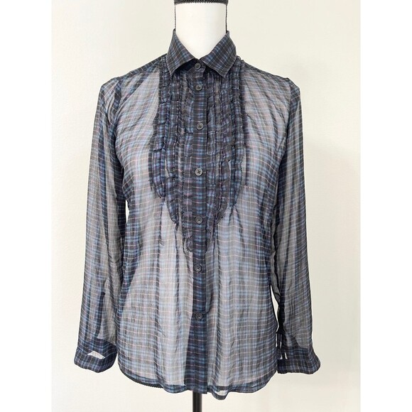 American Eagle Sheer Long Sleeve Ruffle Plaid Blouse. Size XS - Picture 1 of 8